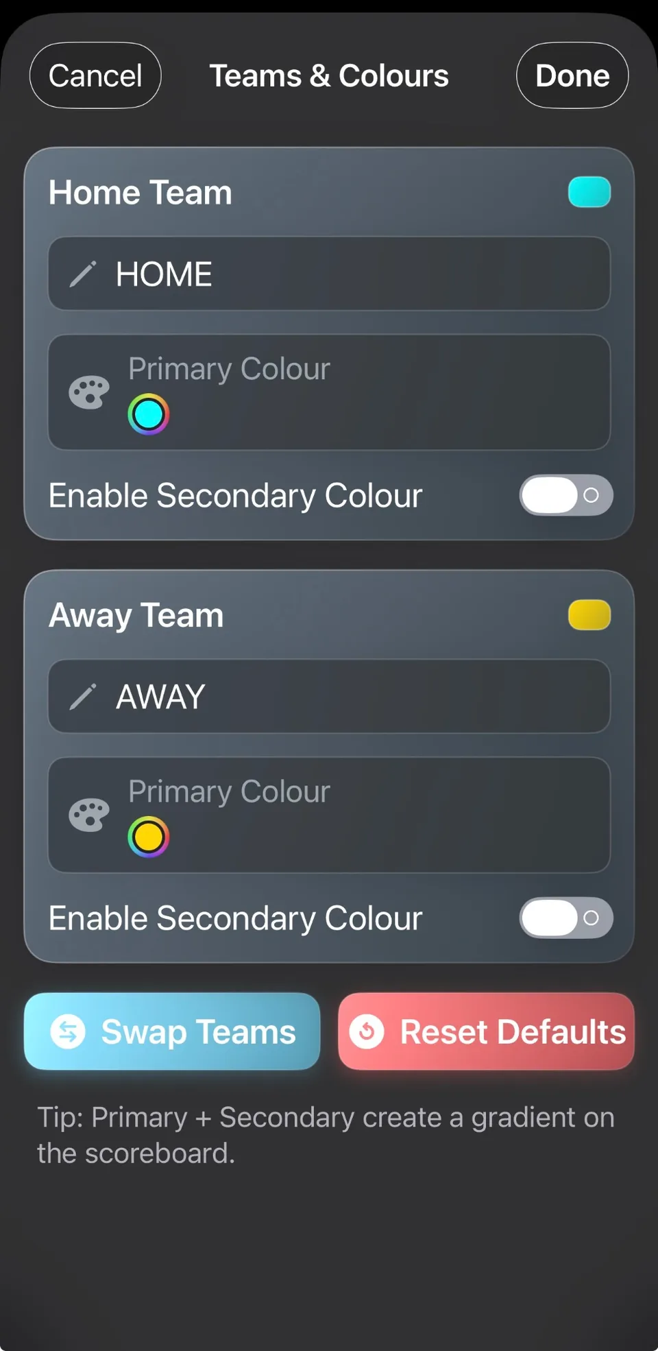 Netball Scoreboard screenshot showing team setup